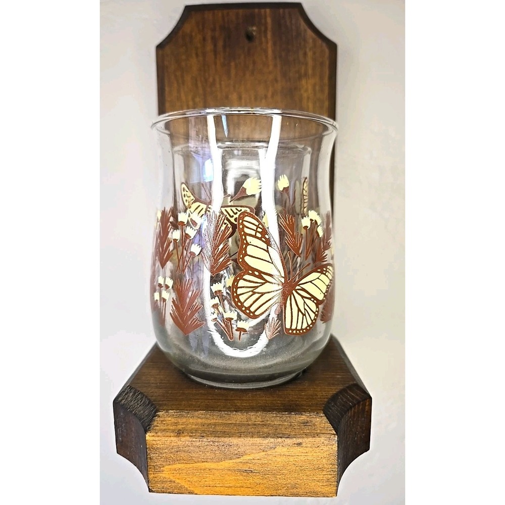 Vtg Wall Sconce Bitterfly 10" Wood Candle Holder Glass Globe Rustic Cottagecore